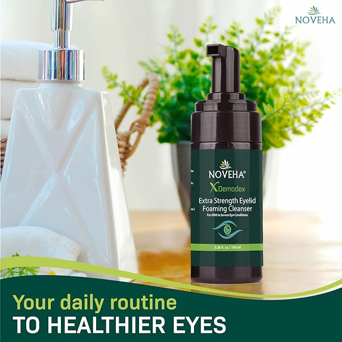 NOVEHA Demodex Eyelid Cleanser Foam | Extra Strength Tea Tree Oil Formula | Daily Face Wash For Eyelash, Demodex, MGD, Stye Eyes, Eye Irritations & Skin Dryness, 3.38 fl. oz. (100ml) - (Pack of 2)