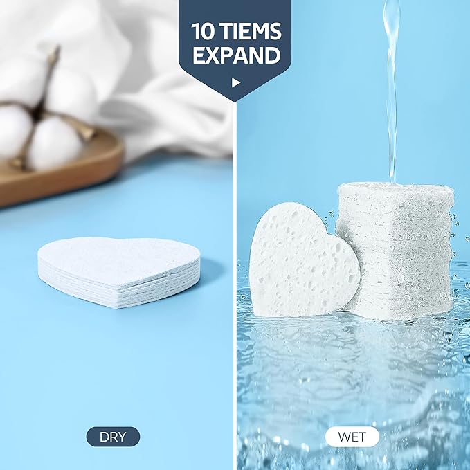 GAINWELL 50-Count Heart Shape Compressed Facial Sponges for Daily Facial Cleansing and Exfoliating, 100％ Natural Cosmetic Spa Sponges for Makeup Remover, White