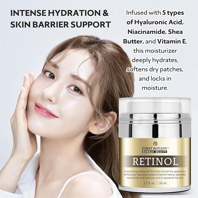 First Botany Korean Retinol Moisturizer Face Cream - Hydrating Anti-Aging Facial & Neck Cream with Bakuchiol, Niacinamide & Hyaluronic Acid - Made in Korea, Cruelty-Free 1.7 Fl Oz