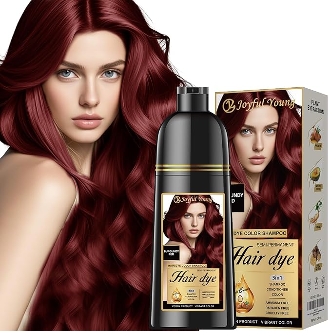 Hair Dye Shampoo 3-in-1 Vegan Color for Gray Hair - Ammonia-Free for Men & Women – Beard & Hair Coloring – Instant Gray Coverage Champú Para Canas Mujer & Hombre (BURGUNDY WINE RED)