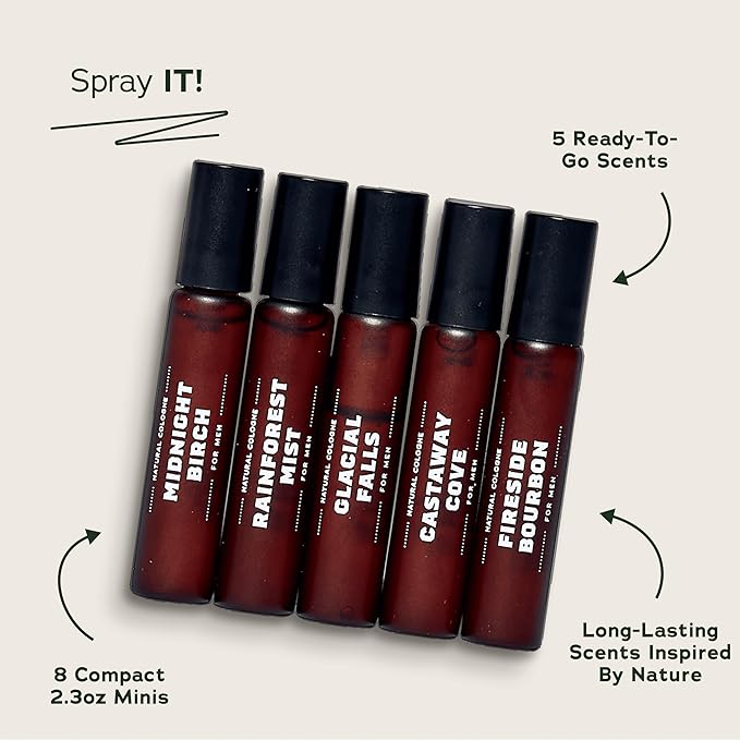 Dr. Squatch Natural Cologne for Men - Mini Cologne Trial Set - Midnight Birch, Rainforest Mist, Glacial Falls, Castaway Cove, Fireside Bourbon (0.17 fl oz, 5-Pack)