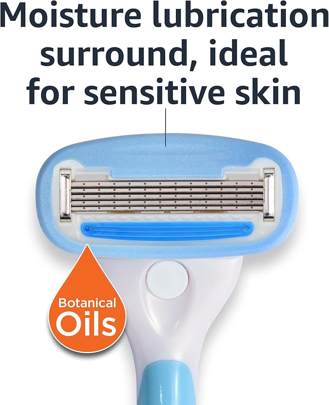 Amazon Basics 5-Blade Razor Handle for Women, Includes 12 Cartridges and Shower Hanger, 14 Piece Set, Blue