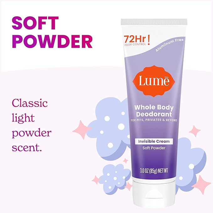 Lume Whole Body Deodorant - Invisible Cream Tube - 72 Hour Odor Control - Aluminum Free, Baking Soda Free, Skin Safe - 3.0 ounce (Pack of 2) (Soft Powder)