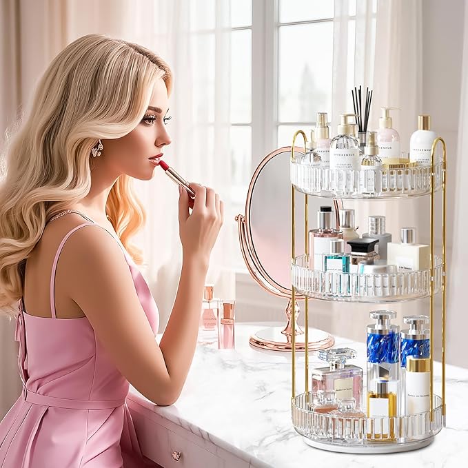 GTI 360°Rotating Makeup Organizer, 3 Tier Large Capacity Perfume Cosmetics Skincare Vanity Organizers,Bathroom Counter Organizer, Dresser Spinning Countertop Organizer and Storage for Women (Clear)