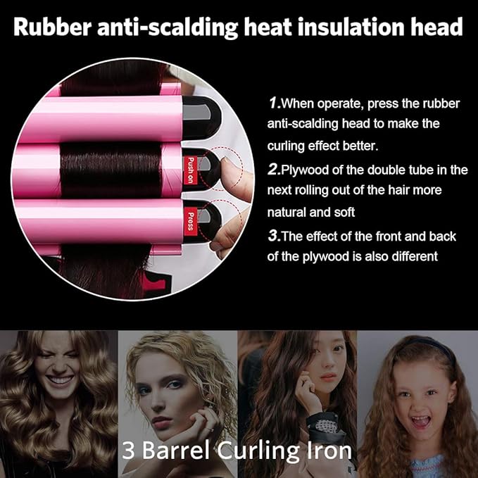 3 Triple Barrel Ceramic Tourmaline Curling Iron Wand with LCD Temperature Display - 1 Inch Crimping Waver, Dual Voltage