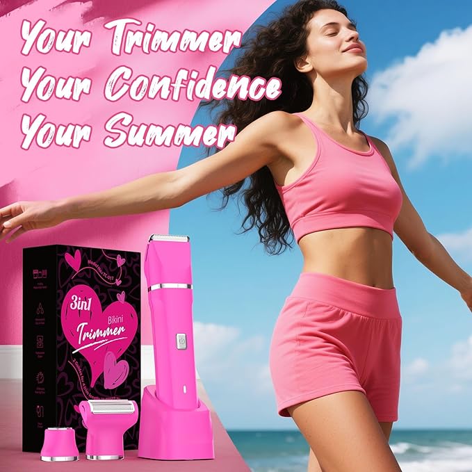Electric Bikini Trimmer for Women Gifts for Her - 3-in-1 Rechargeable Waterproof Shaver Razor, Cordless Pubic Hair Remover, Precision Groomer Painless Portable Wet Dry Personal Care Tool