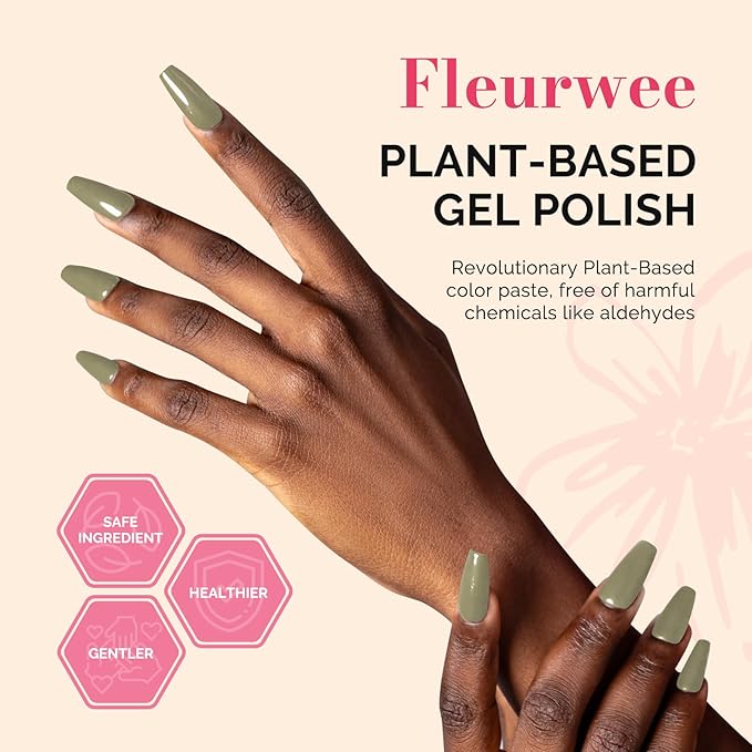 MelodySusie Fleurwee Plant Based Gel Nail Polish, Hema Free Glitter Olive Green Nail Polish Soak Off UV LED Gel Polish Gift for Women 21 Non Toxic Long Lasting Nail Art Manicure Salon DIY at Home P49