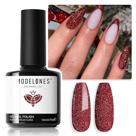 modelones Gel Nail Polish Burgundy Dark Red Glitter Nail Gel Polish Christmas Sparkle Nails Shiny Holographic Soak OFF LED Nail Art Nail Manicure Salon DIY Nails Gift for Women 15 ML