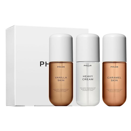 PHLUR Sweet Skin Trio ($75 Value) - Exclusive 3pc Travel Size Body Mist Set ft. Vanilla Skin, Heavy Cream, Caramel Skin (3 x 3 fl oz)
