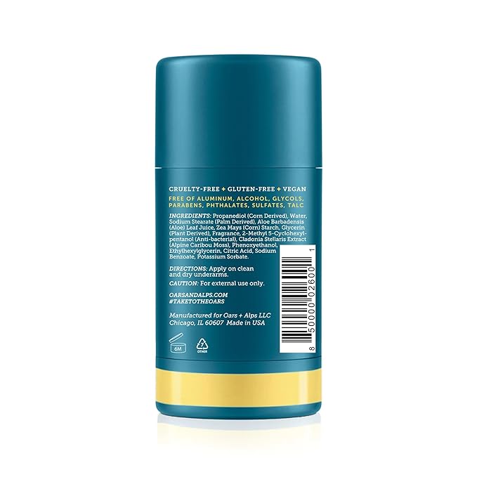 Oars + Alps Deodorant for Men & Women, Aluminum Free Deodorant for Men, Dermatologist Tested, Clean Ingredients, Non Toxic, Vegan, Long Lasting, Odor Protection, California Coast, 1pk, 2.6oz