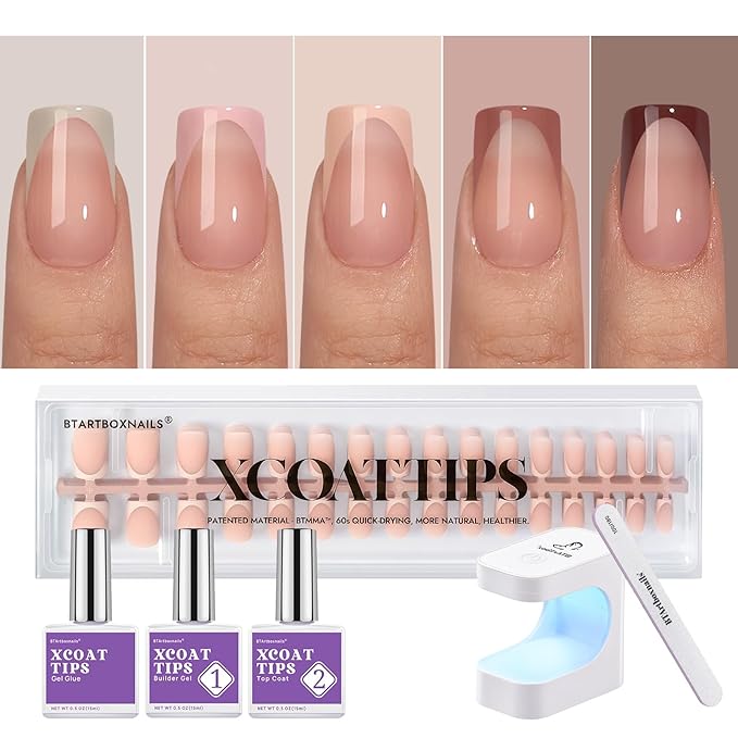 BTArtboxnails XCOATTIPS French Tip Press on Nails - Skin Tones Short Fall Press On Nails Square, Soft Gel Nail Tips with Nail Gel, French Protecting Duo, Nail Lamp, All in One Fake Nail Extension Kit