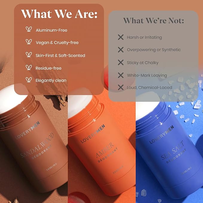 Aluminum-Free Deodorant for Men – 3-Pack Long-Lasting Clean Deodorant Set – Sandalwood, Amber & Sea Salt Scents – Odor Protection with Essential Oils – No Baking Soda, Paraben-Free