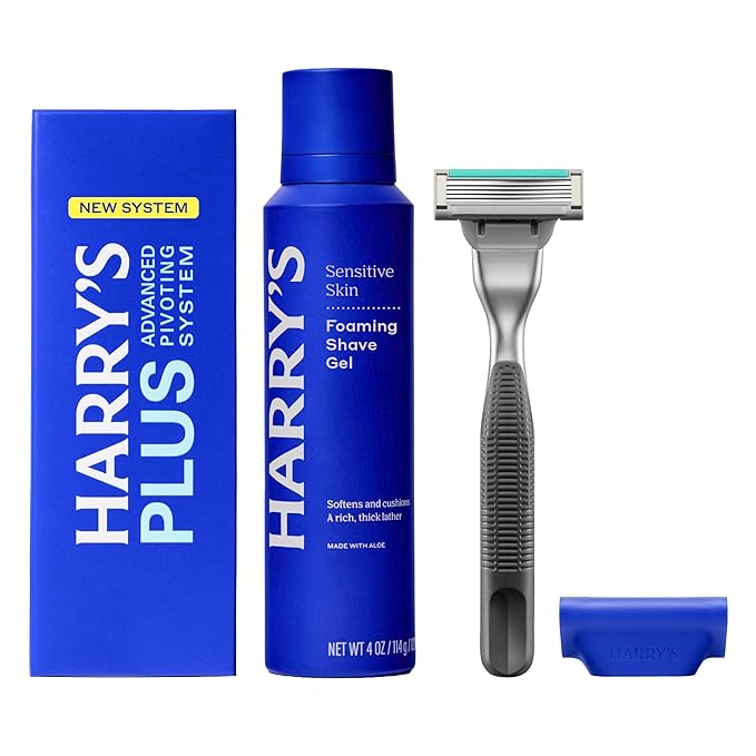 HARRY'S PLUS: Shaving Kit for Men - Premium Handle, Razor Blade Cartridge, 4 oz Foaming Shave Gel, and Travel Blade Cover - Advanced Pivoting System - Onyx