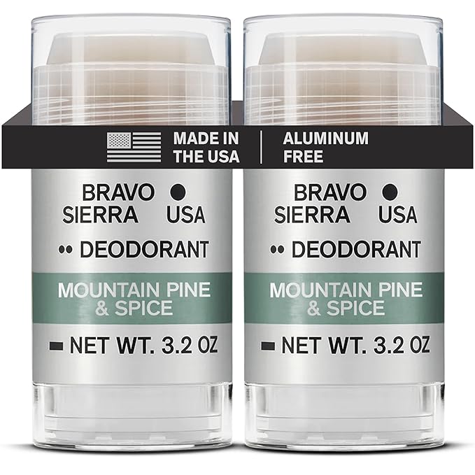Aluminum-Free Deodorant for Men by Bravo Sierra, 2-Pack - Contains Natural Ingredients - Long Lasting All-Day Odor and Sweat Protection - Mountain Pine & Spice - Paraben-Free, Vegan & Cruelty-Free