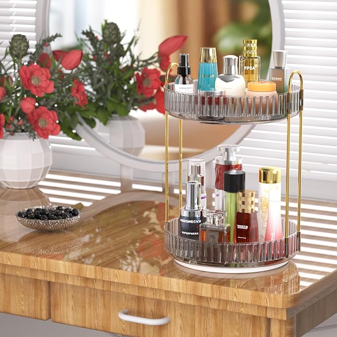 GTI 360°Rotating Makeup Organizer, 2 Tier Bathroom Counter Organizer,Large Capacity Perfume Cosmetics Skincare Vanity Organizers, Dresser Spinning Countertop Organizer and Storage for Women (Grey)