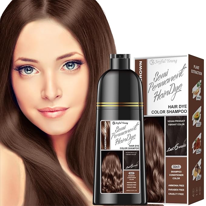 Hair Dye Shampoo 3-in-1 Vegan Color for Gray Hair - Ammonia-Free for Men & Women – Beard & Hair Coloring – Instant Gray Coverage Champú Para Canas Mujer & Hombre (CHESTNUT BROWN)