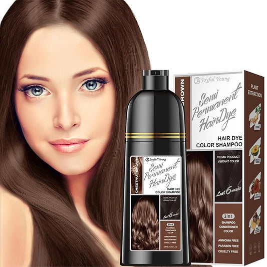 Hair Dye Shampoo 3-in-1 Vegan Color for Gray Hair - Ammonia-Free for Men & Women – Beard & Hair Coloring – Instant Gray Coverage Champú Para Canas Mujer & Hombre (CHESTNUT BROWN)