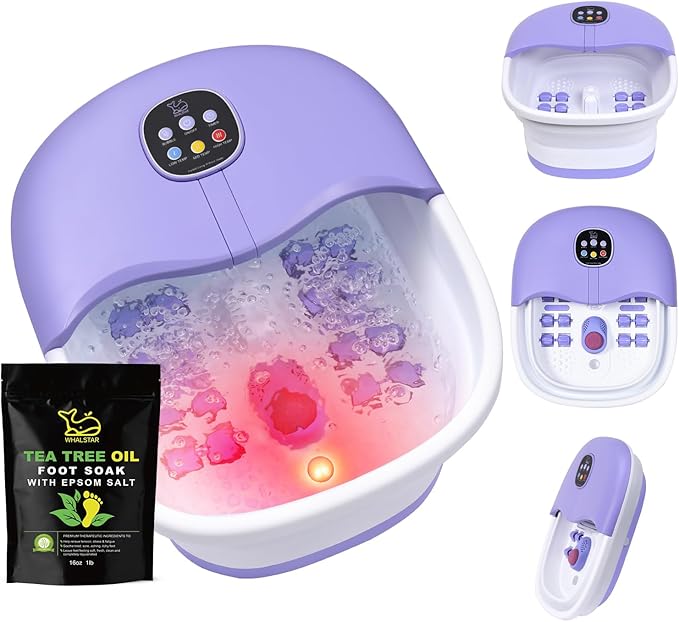 Collapsible Foot Spa Bath Massager with Heat Bubbles and Vibration Massage and Jets, 16OZ Tea Tree Oil Foot Soak Epsom Salt, WHALSTAR Foot Bath Bucket With Red Light & Remote