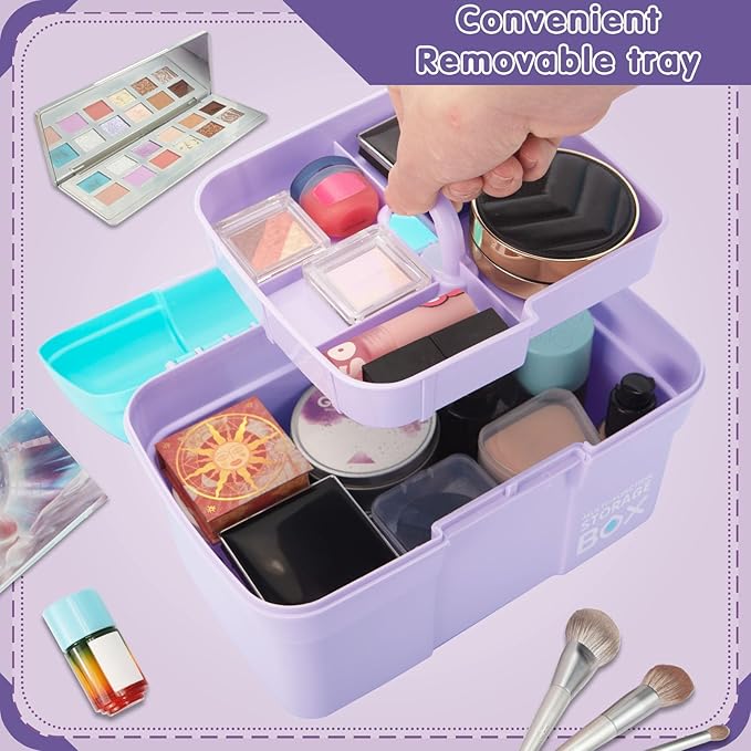11in Mutipurpose Storage Box Organizer with Removable Tray, Portable Small Craft Organizer with Handle, Plastic Clear Tool Box Art Case for Makeup, Sewing, Nail, Hair Accessories (Purple Blue)