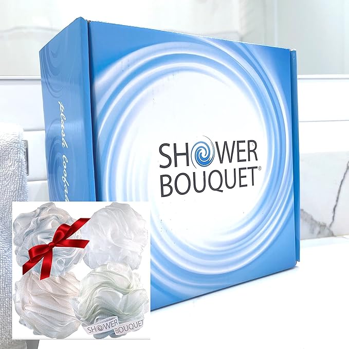 SHOWER BOUQUET Loofah-Bath-Sponge XL Soft-Pastel-Colors 4-Pack // Extra-Large 75g Mesh Luffa Loofa Loufa Puff Pouf Set/Exfoliating Body Scrubber for Women and Men - Exfoliate & Soothe Face & Body