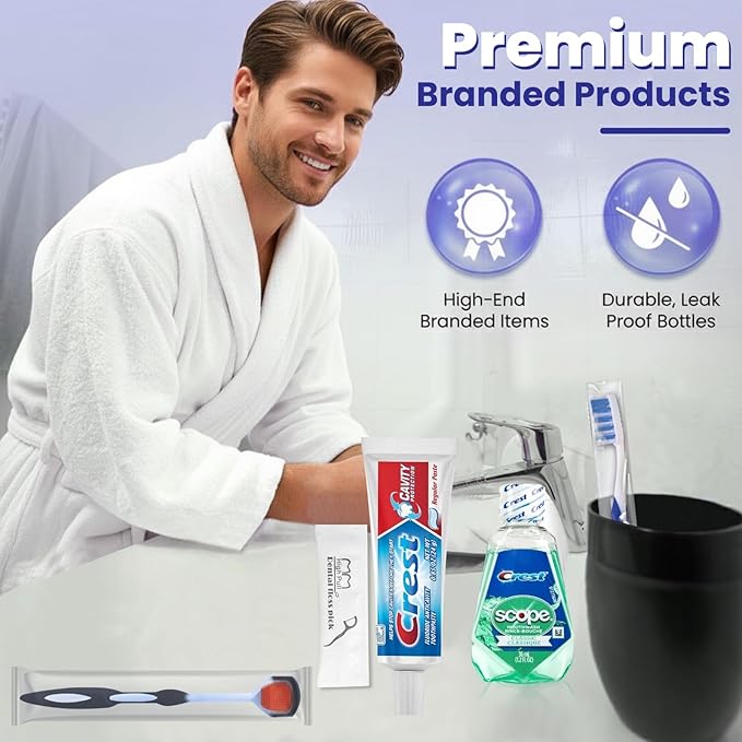 Trektote Bulk Toothpaste and Toothbrush Set- (50 Pack) 6 Piece Dental Care Kit, TSA Compliant, Includes Toothpaste, Toothbrush, Mouthwash, Flosses and Premium Toiletry Bag