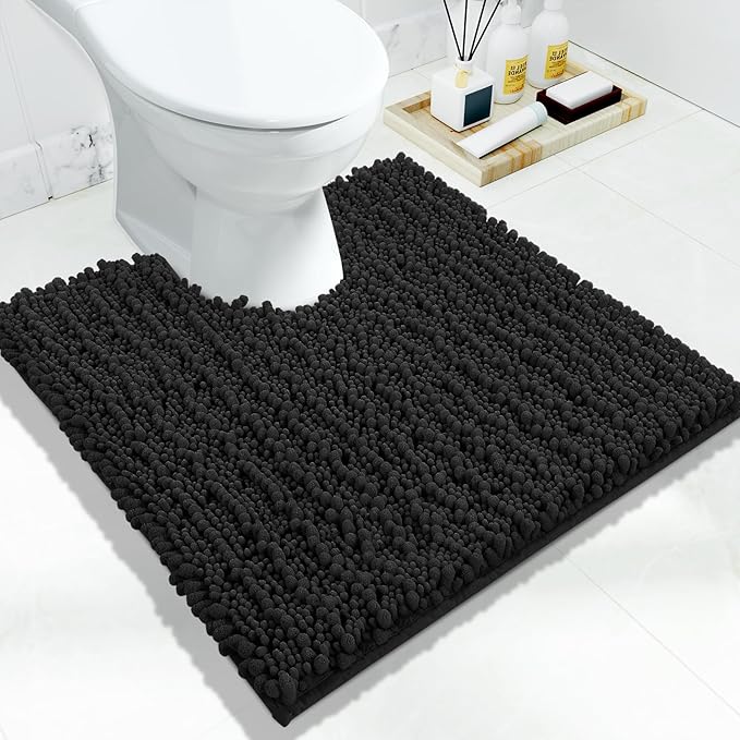 Yimobra Toilet Rug U Shaped Washable 24x20 Inch - Ultra Soft Absorbent Chenille Bath Rugs for Toilet, Quick Dry & Machine Washable, Non Slip Contour Bathroom Mat, Black