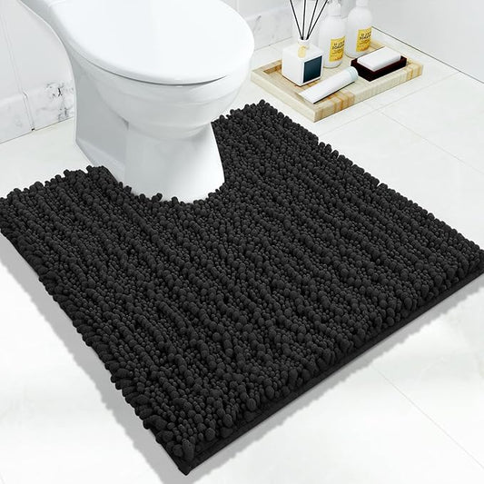Yimobra Toilet Rug U Shaped Washable 24x20 Inch - Ultra Soft Absorbent Chenille Bath Rugs for Toilet, Quick Dry & Machine Washable, Non Slip Contour Bathroom Mat, Black