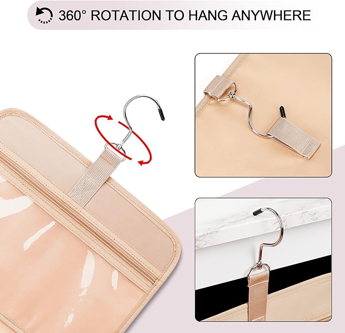 Travel Hanging Toiletry Bag for Women, with Jewelry Organizer Compartment, Medium Waterproof Hanging Makeup Accessories, Cosmetic Essentials, Toiletries Dopp Kit Set with Trolley Belt, Baby Pink