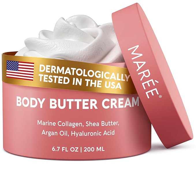 MAREE Moisturizer Body Butter Cream - Whipped Body Butter for Women Smell Good - Facial Moisturizer for Dry Skin - Face Hand Body Cream for Women & Men with Marine Collagen, Shea Butter & Argan Oil