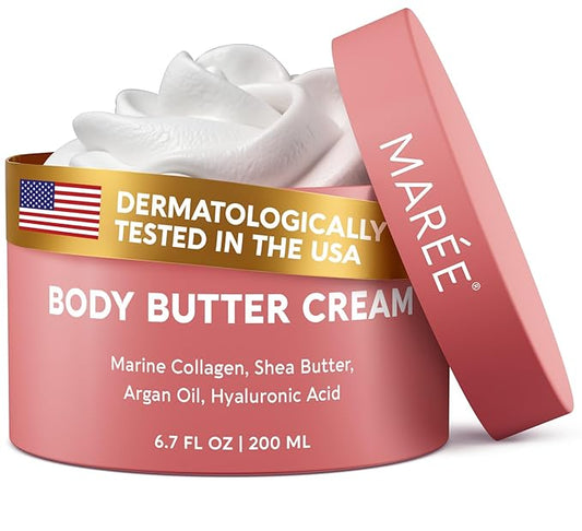 MAREE Moisturizer Body Butter Cream - Whipped Body Butter for Women Smell Good - Facial Moisturizer for Dry Skin - Face Hand Body Cream for Women & Men with Marine Collagen, Shea Butter & Argan Oil