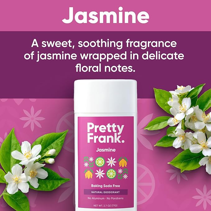 Pretty Frank Natural Aluminum-Free Deodorant Stick, Baking Soda-Free, Jasmine (1-Pack) | Sensitive Skin Friendly, Effective All-Day Odor Control for Women & Men, Organic Ingredients and Essential Oils