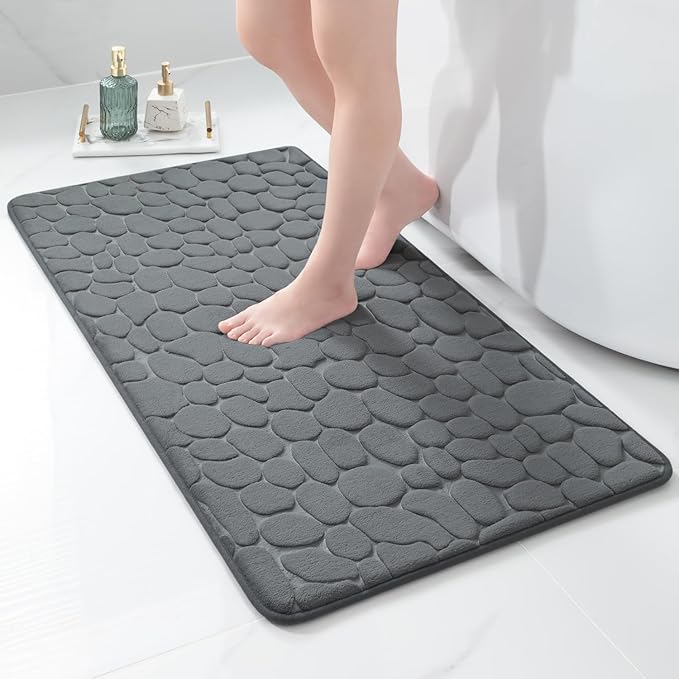 YIHOUSE Memory Foam Runner Rug, Cobblestone Bathroom Runner Rugs Super Water Absorbent Bath Mats for Bathroom Machine Washable Bath Rugs for Hallway Bedroom Laundry Room(24 x 47,Dark Gray)