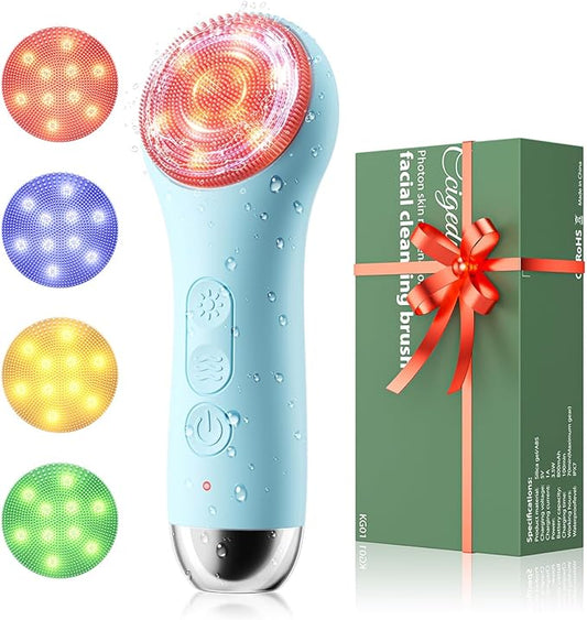 Facial Cleansing Brush Electric Face Scrubber - Rechargeable Face Cleansing Brush with 4 LED Gentle Light Silicone Heat and Vibration Exfoliator Massage Deep Cleansing,IPX7 Waterproof,Ideal Gift﻿