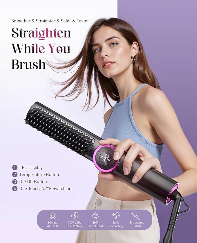 Hair Straightener Brush for Women: Negative Ionic 3-in-1 Curling & Straightening Brush, Ceramic Hot Comb with 15 Temps for Hair Styling
