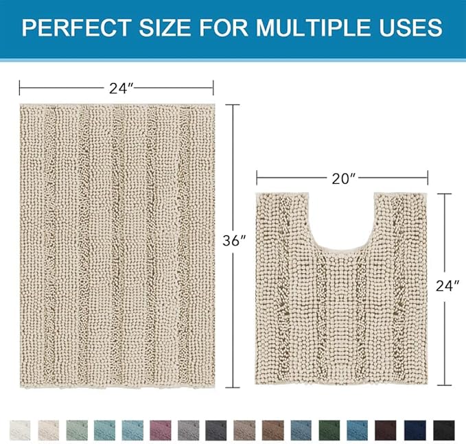 H.VERSAILTEX Bathroom Rug Sets 2 Piece Bath Mats Non Slip Thick Soft Chenille Striped Bath Rug achine Washable Shower Floor Rugs for Tub, Shower and Floor (Fog, 36"x24" Plus 20"x24" U)