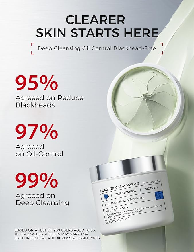 Clay Mask for Face & Sensitive Skin: Triple Mud Formula Deep Cleans Pores Reduces Acne Balances Oil & Improves Texture - 3.88 Oz