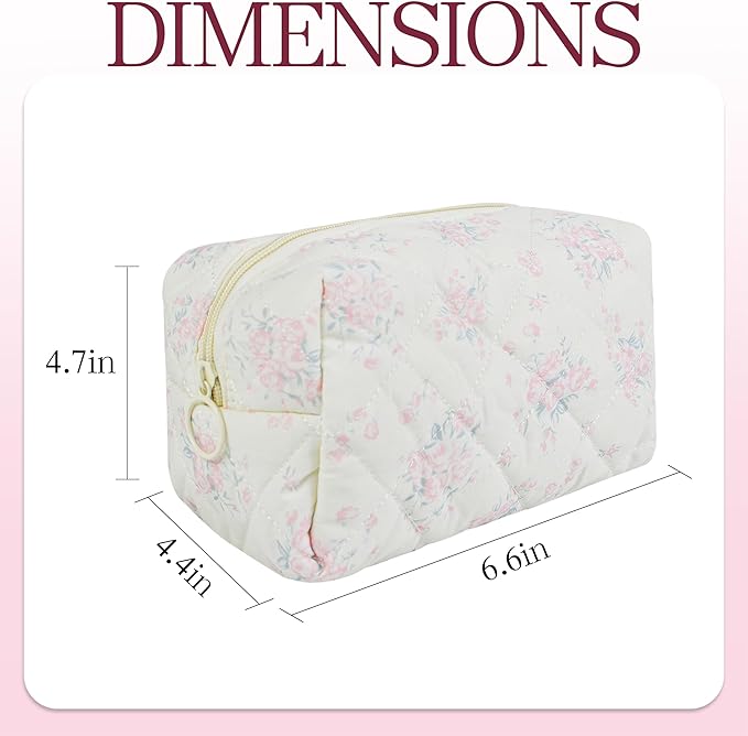 Quilted Makeup Pouch,Cotton Puffy Makeup Bag, Coquette Cosmetic Bag for Women and Girls, Aesthetic Organizer Bag, Cute Flower Travel Toiletry Bag