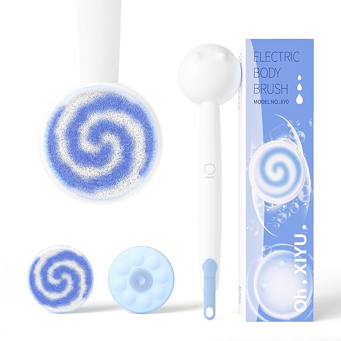 Electric Back Scrubber for Shower Body Brush, Waterproof Shower Body Scrubber for Cleansing, Massaging, Rechargeable Bath Brush for Kids & Adults with 2 Heads & 3 Speed Modes, Milk White XY0