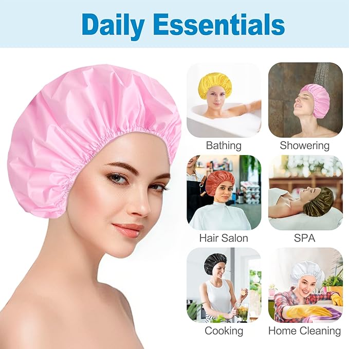 6 PCS Shower Caps for Women, Double Side Waterproof Shower Cap, Reusable Elastic Bath Caps for Shower, EVA Bathing Shower Caps, Bath Hair Caps - Black White Pink Yellow Brick Red Dark Green