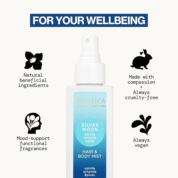 Pacifica Hair Perfume & Body Fragrance Spray Mist - Silver Moon with Vanilla, Almond & Spice – Alcohol-Free, Vegan & Cruelty-Free, 6.5 oz