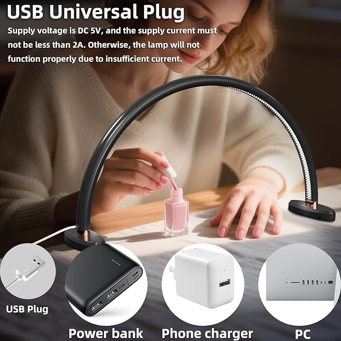 Small Half Moon Light for Nail Desk Moon Light Nail Tech Half Moon lamp Color Temperature 3500K-6500K USB Powered for Personal DIY Manicure Handicraft Lighting (16in-Black)