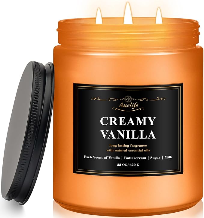 Auelife Creamy Vanilla Scented Candle – 22oz Large 3-Wick Soy Candle, Sweet Long Lasting Fall Candles for Home, Cozy Autumn Candles, Relaxing Gifts for Women & Men