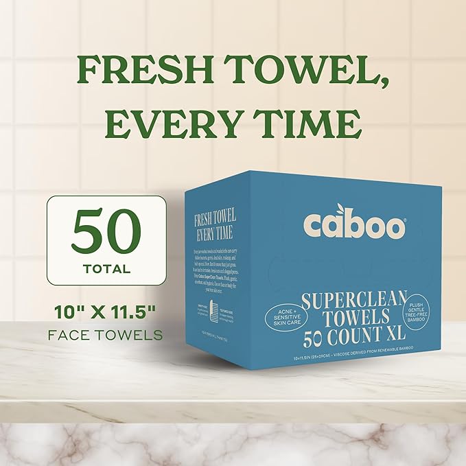 Caboo Bamboo Disposable Face Towels – 50 Soft, Lint-Free Towels (10x11.5”) | Biodegradable, Eco-Friendly & Extra Large | Gentle Alternative to Makeup Wipes or Washcloths