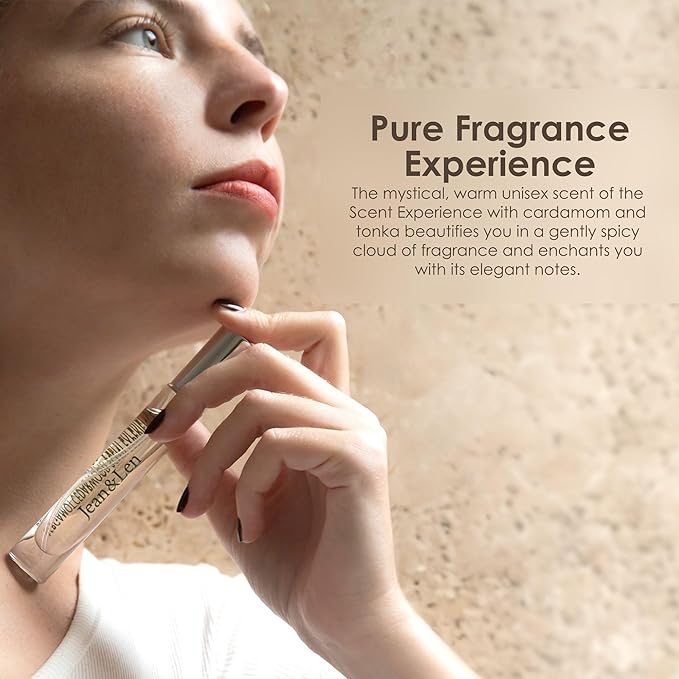 Jean & Len Scent Experience Travel Set, Peony Lychee, Rosemary Ginger & Cardamom Tonka EDT, all three scents in one practical mini perfume set, minimalistic glass bottles, 1x Set