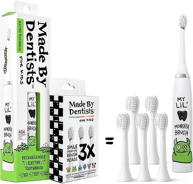 Made by Dentists Kids Electric Toothbrush - Rechargeable Vibrating Toothbrush with Timer, Includes 6 Replacement Heads, Gently Cleans Teeth, Girls and Boys, Kid & Toddlers Age 2+, Monster
