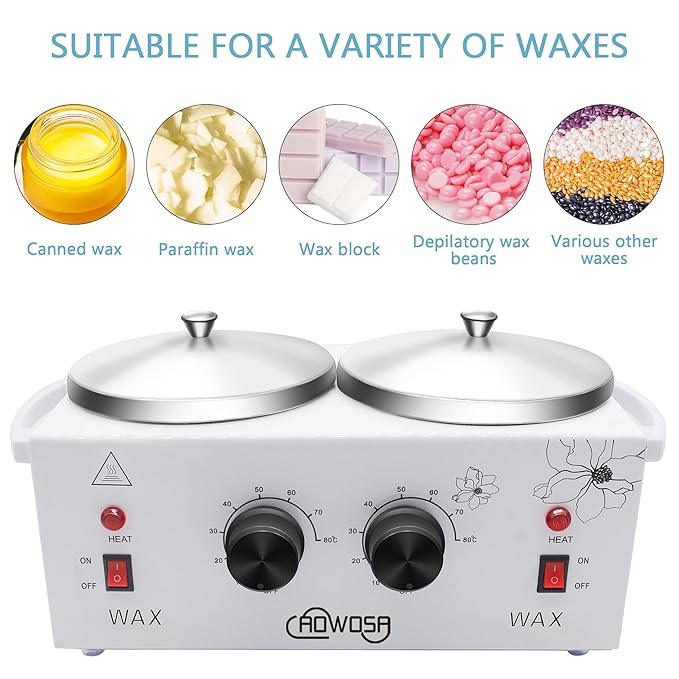 Professional Waxing Kit Wax Warmer Double Pot Wax Heater Machine for Hair Removal, Large Waxing Pot for Spa Salon Beauty Esthetician Home, with Adjustable Temperature Set, 50 Stick & 20 Collar(White)