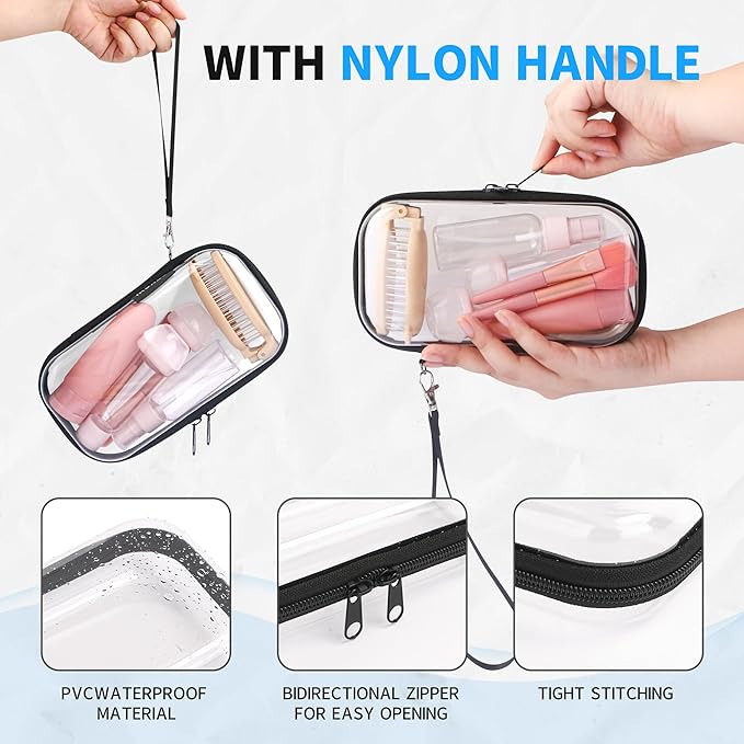 3 PCS Clear Hard Shell Zipper Case With Handle Strap，Clear Plastic Waterproof Cosmetic Makeup Bags Toiletry Pouches for Travel With Double Zipper，Kid's Toy Storage Organizer Bins Box