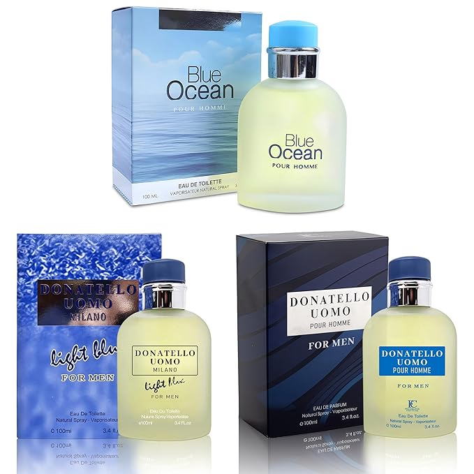 3Pack Men Colognes Combo Set Donatello Uomo&Blue Ocean&Donatello Light Blue 3.4 Fl Oz Each Eau De Parfume Spray with Woody Floral & Fruity Scent Perfume Gift Set Day to Night Use Fragrances