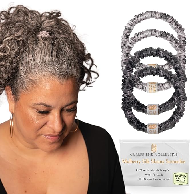 Authentic Mulberry Silk Skinny Hair Match Scrunchies for Women, Anti Breakage Hair Ties for Curly Thick & Thin Hair, 100% Silk for Buns & Ponytail, Silver/Deep Grey (4 Pack)