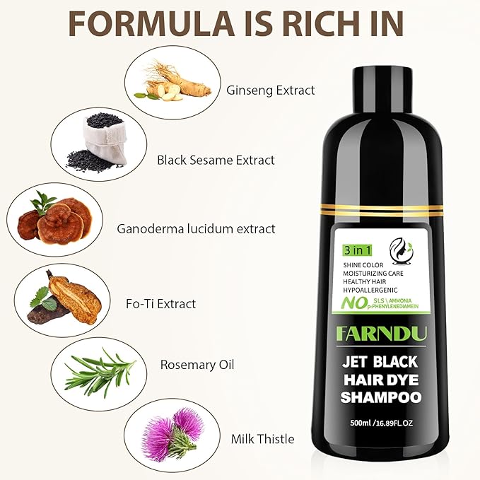 Jet Black Hair Dye Shampoo Ammonia-free & PPD-free, Gray Hair Coverage Natural Herbal 3 in 1 Hair Color Shampoo for Women Men
